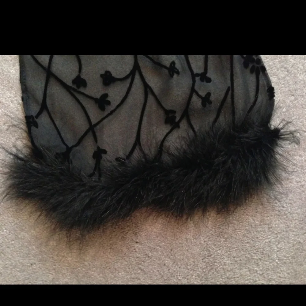 Black Sheer Floral Embossed Velvet Scarf with Faux Fur Ends